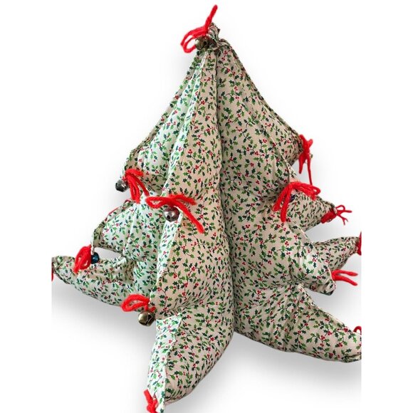 Handcrafted 3D Stuffed Fabric Christmas Tree 15" Holly Print & Bells Vintage - Picture 5 of 7